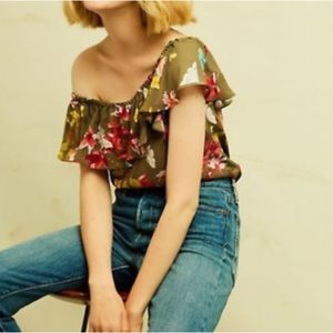 🧺Maeve by Anthropologie Vallita Army Green Floral off the shoulder top